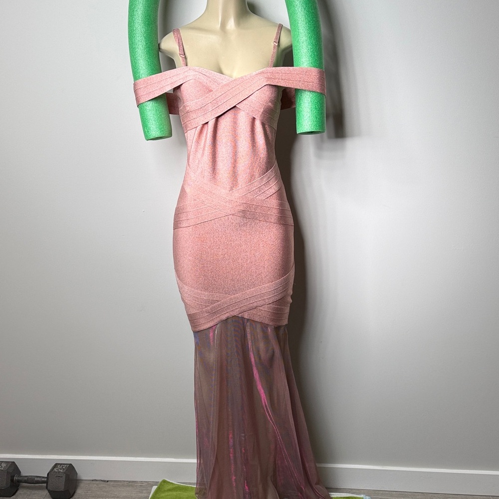 Fashion Nova Pink Off-Shoulder Shimmer Maxi Dress